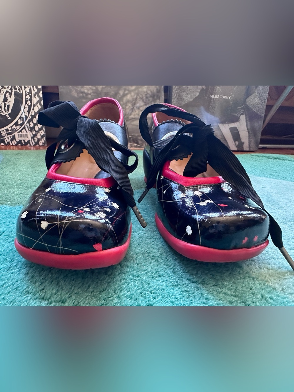 Fluevog EXCELLENT Choice Adele black patent floral MJ w/ heart heels-8 (fit 7.5) - Picture 6 of 16